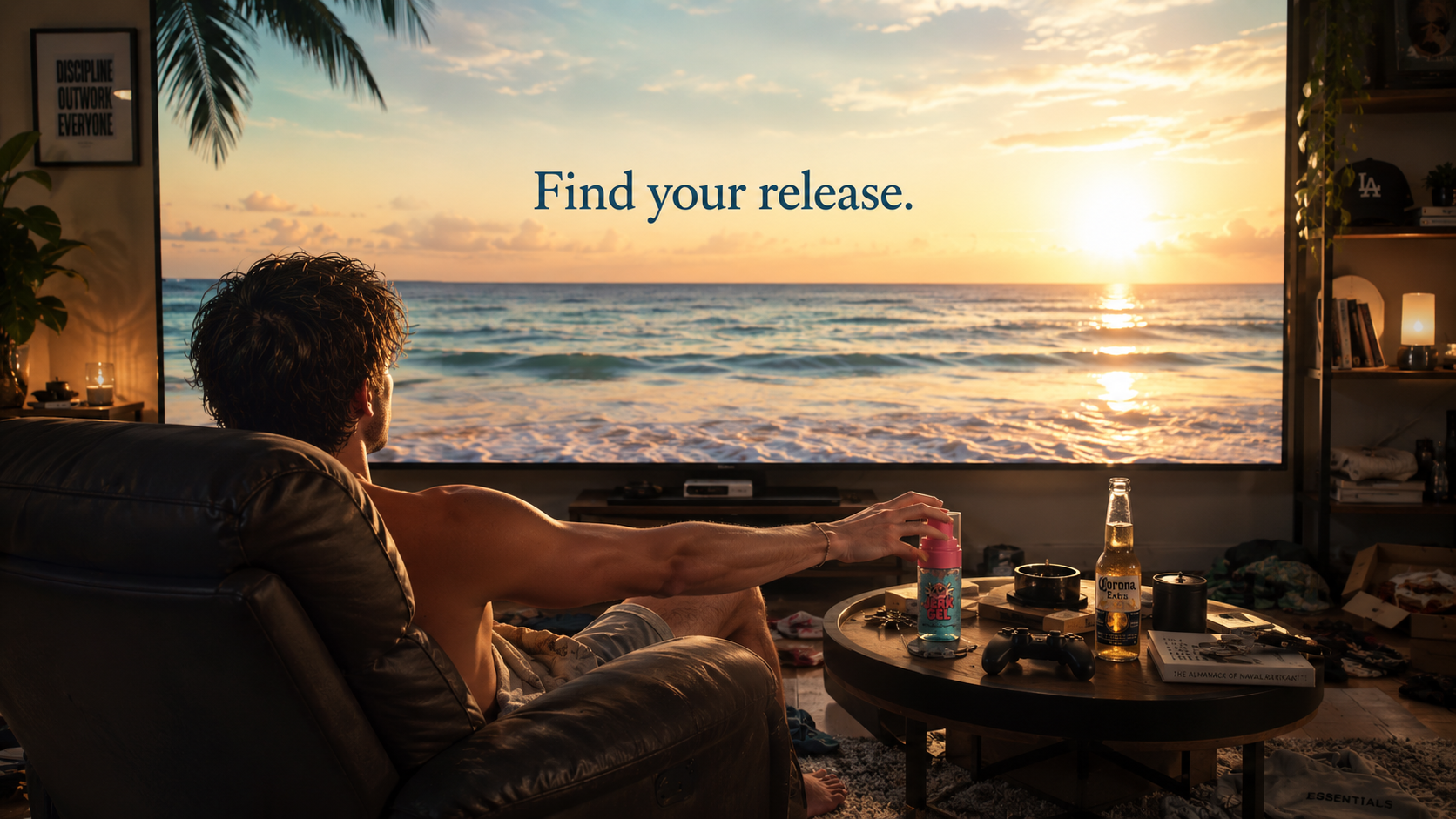 Man on a leather couch watching a beach sunset on TV that reads 'Find your release.' A jar of Jerk Gel Caviar Lube and a beer sit on the coffee table.